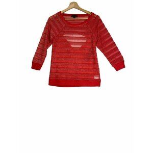 Rampage Womens Knit Blouse Red Striped Long Sleeve Scoop Neck Mesh Shimmer M New